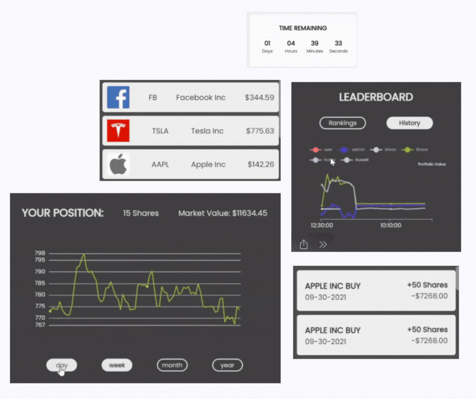 Screenshots of various components found in virutual stock market game.